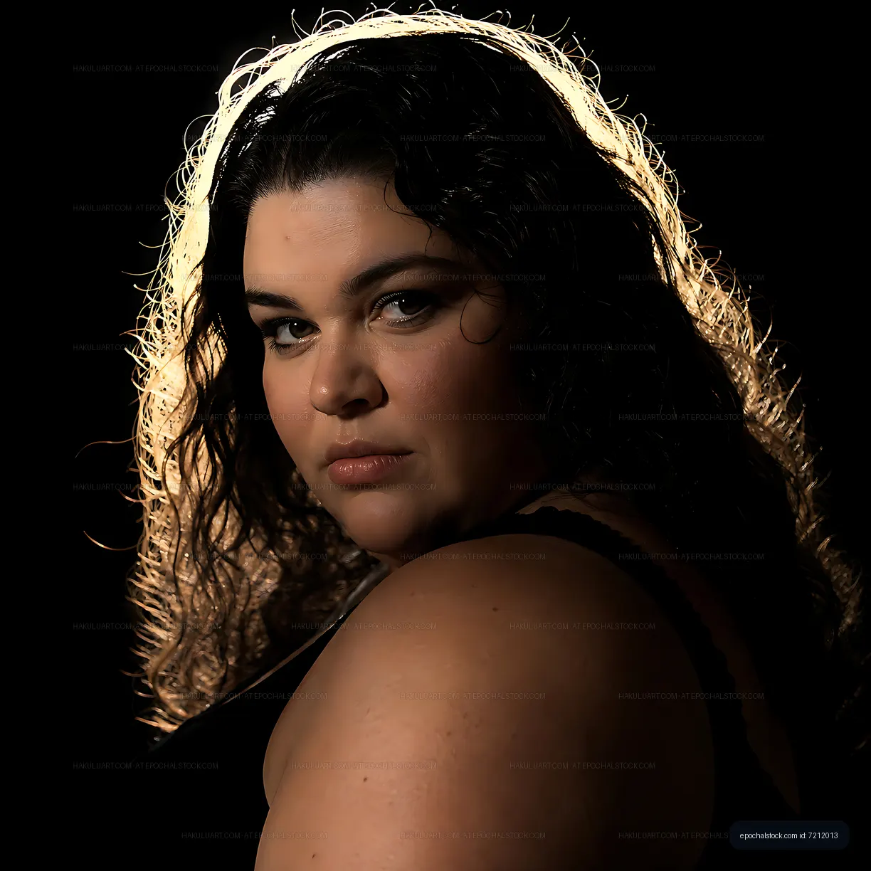 A woman with curly hair gazes back at the camera from a dark setting