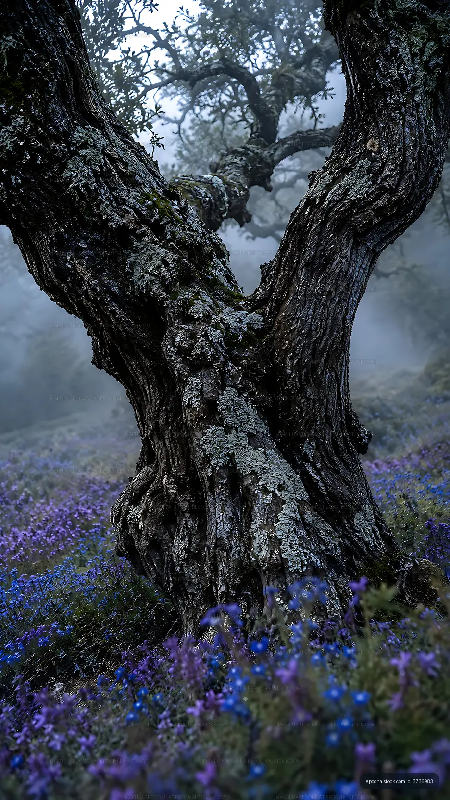 Old tree with twisted bark in a misty forest scene