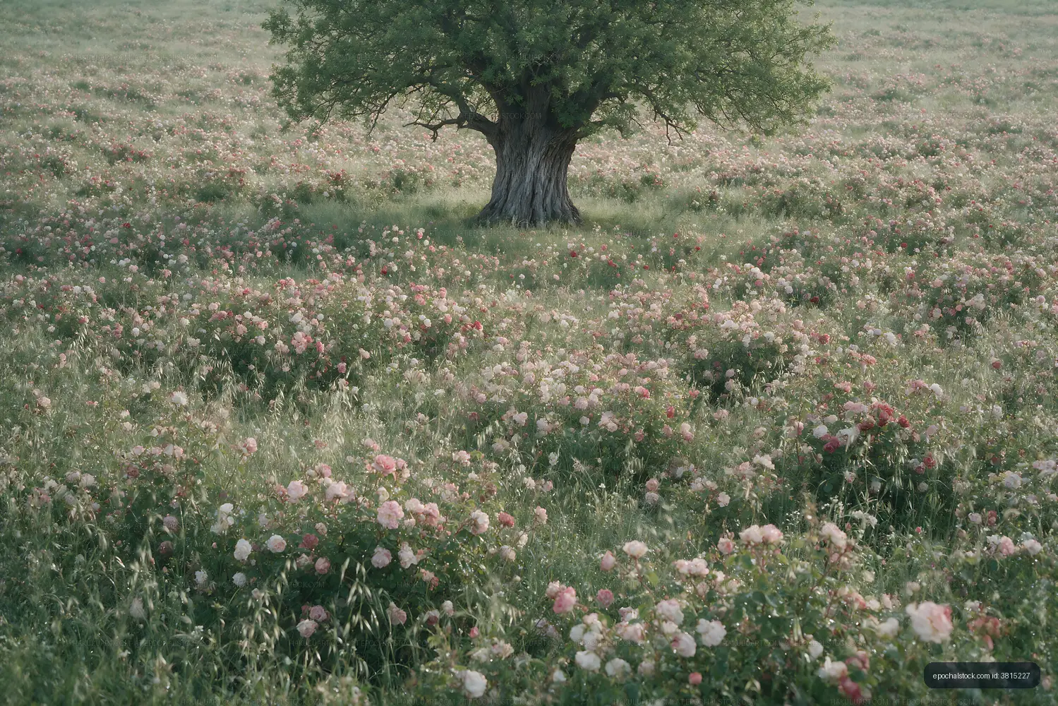 Tree in a field of blooming flowers during daylight