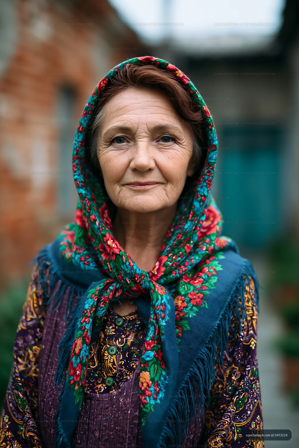 Elderly woman in colorful scarf posing outdoors in traditional setting