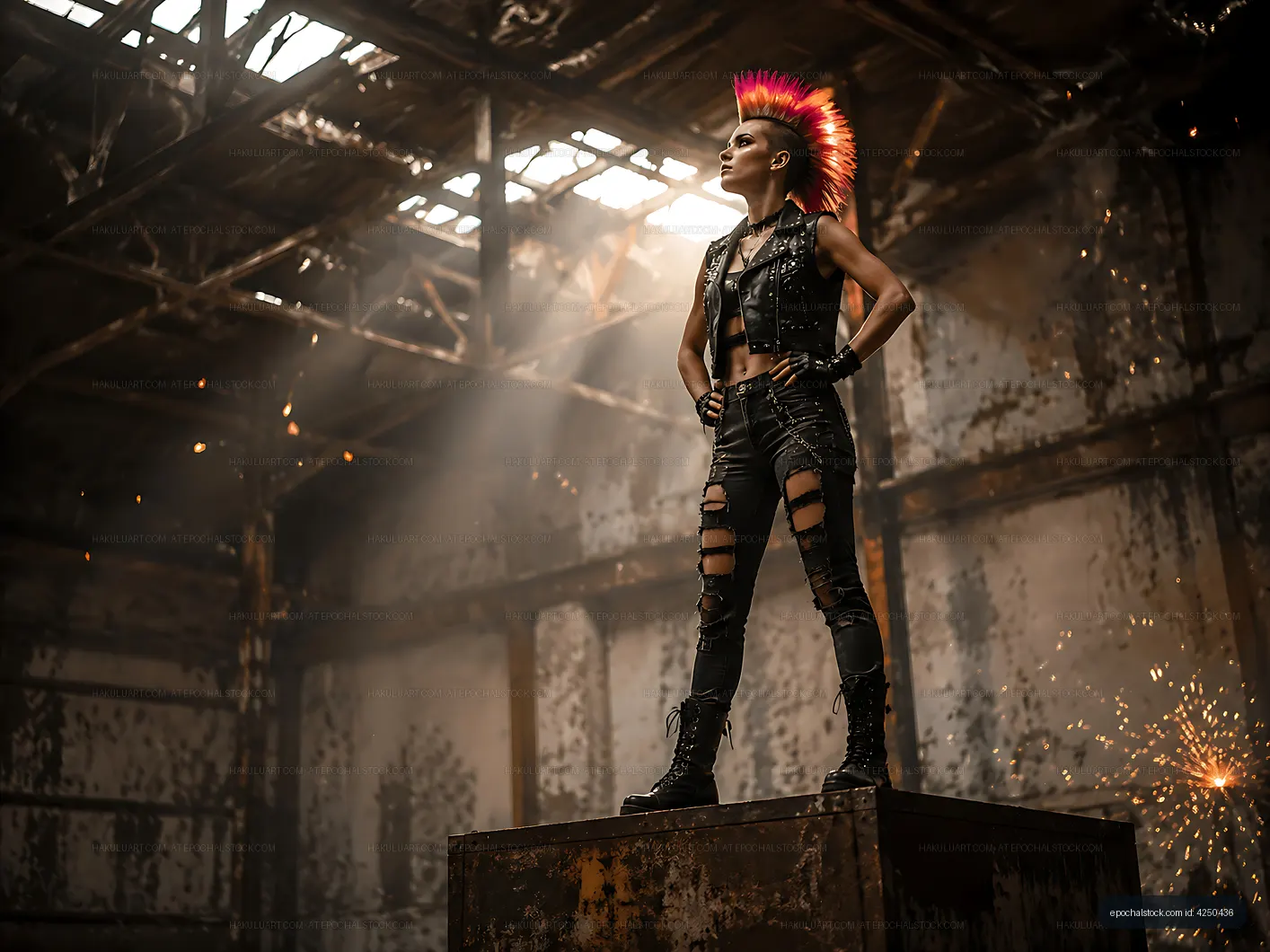 Woman with a mohawk hairstyle poses in an industrial setting