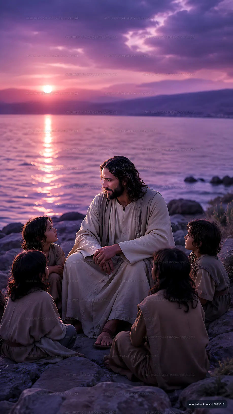 Jesus talks to children by the water at sunset