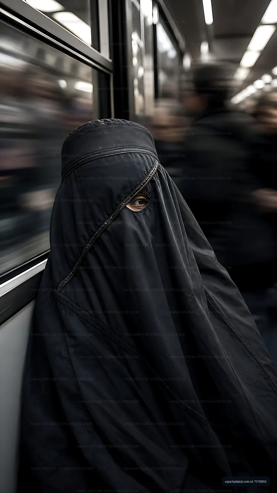 Woman in black clothing sitting alone in a subway train
