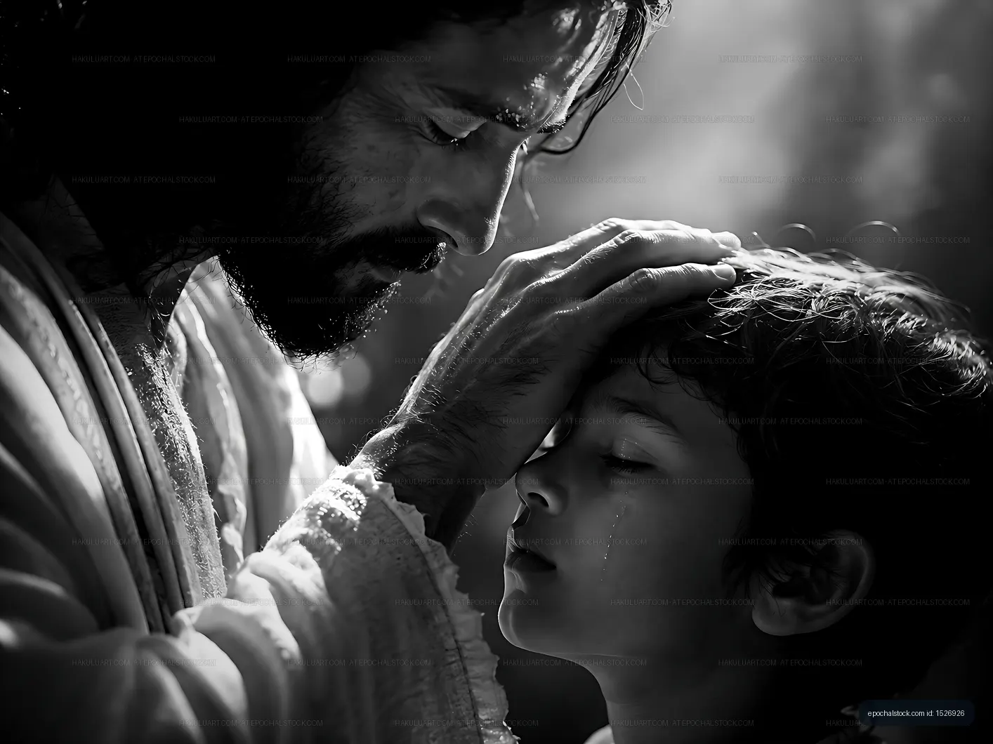 A man and child share a spiritual moment in black and white