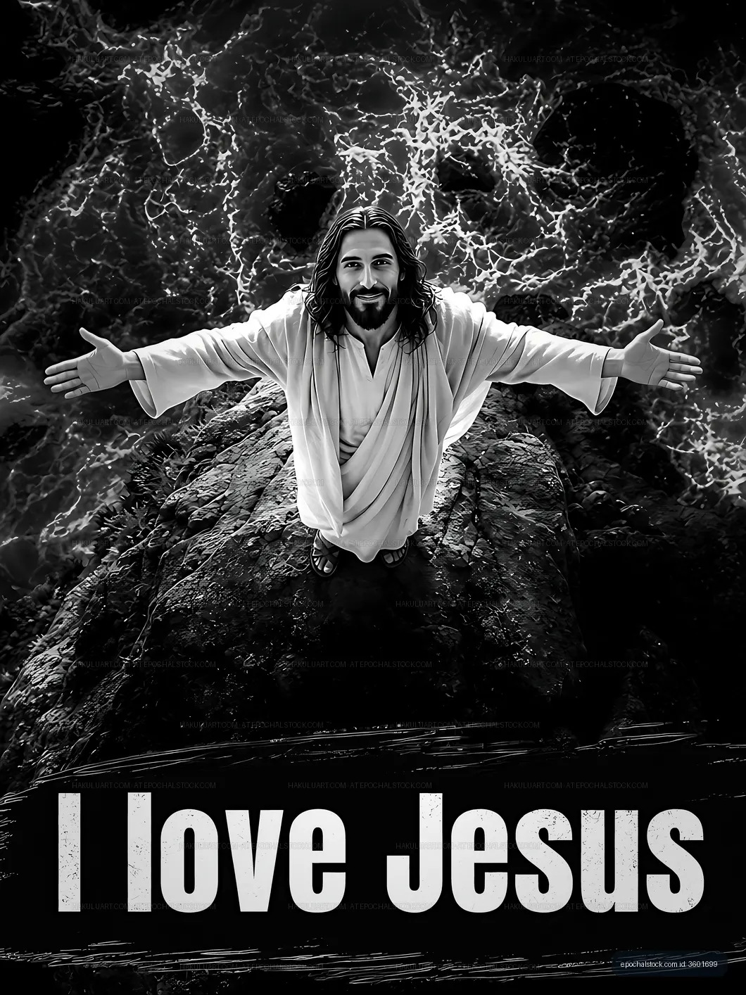 Jesus figure with arms open wide on rocky surface