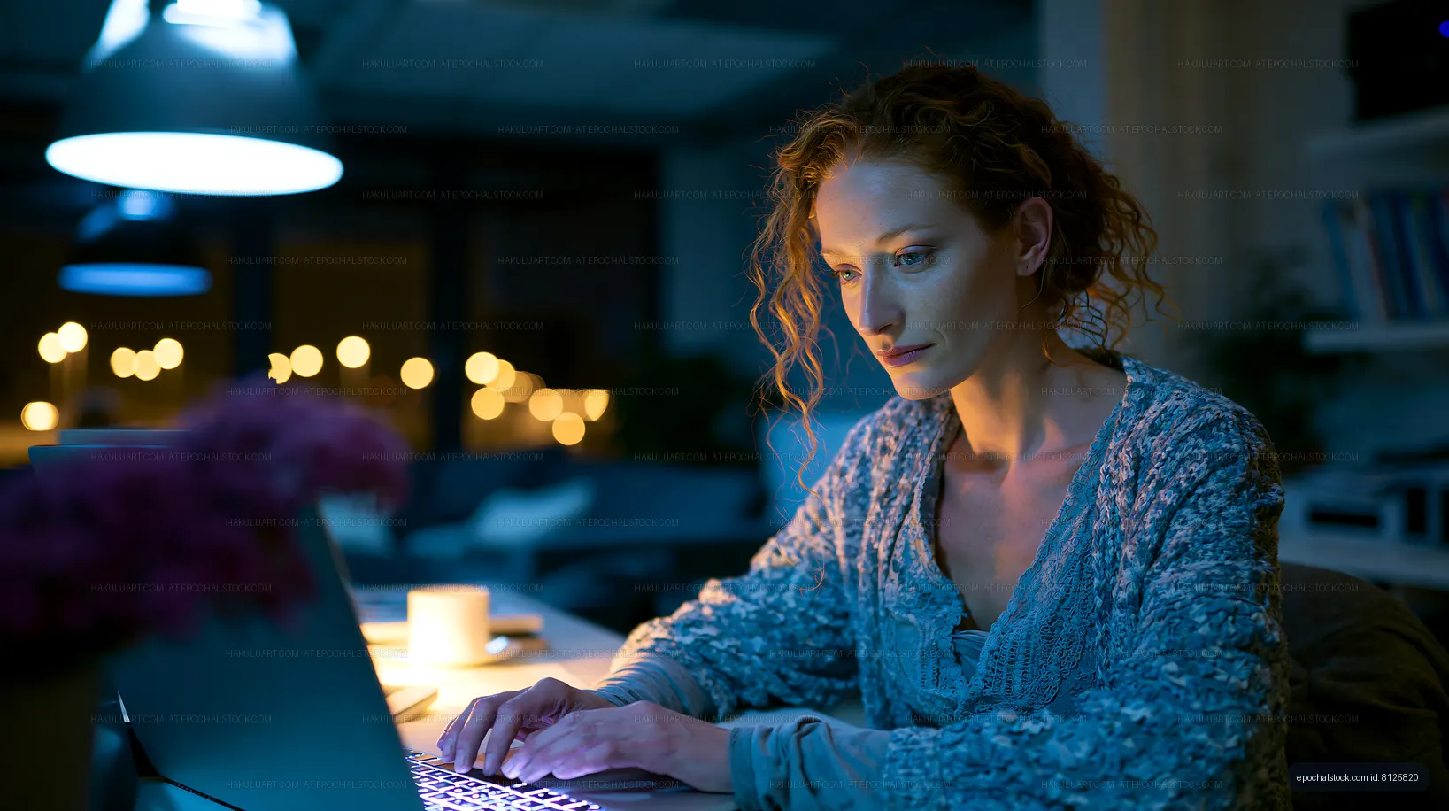 Woman working on laptop in a cozy office at night