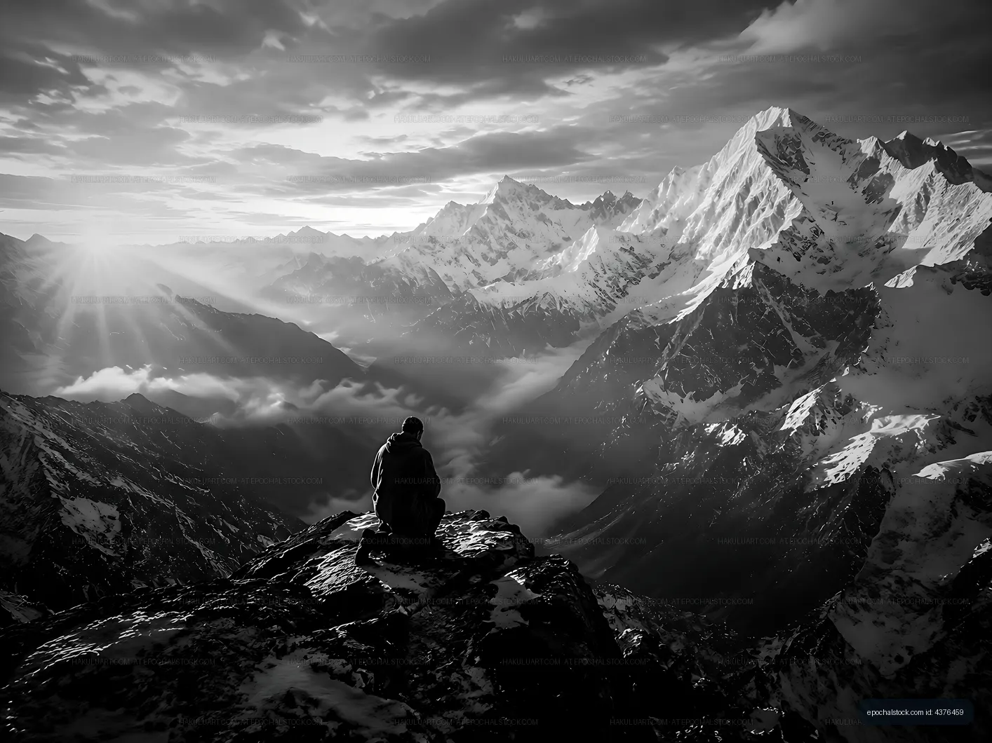 Person sitting on rock in mountains during sunrise
