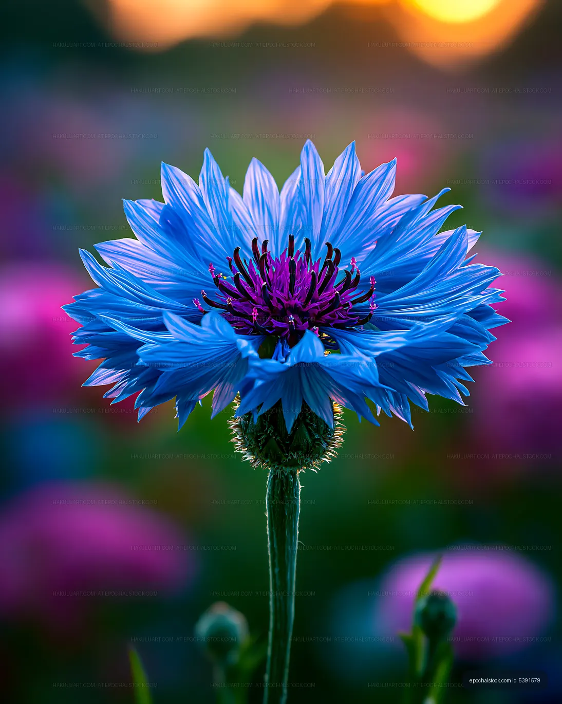 Bright blue flower blooms during sunset in a garden setting