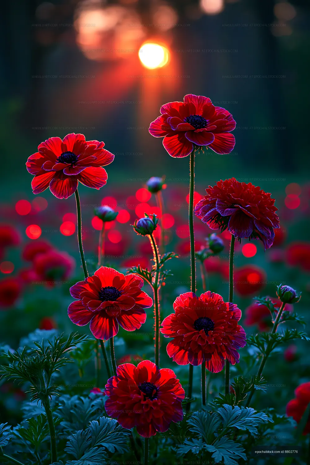 Vibrant red flowers bloom at sunset in a lush garden
