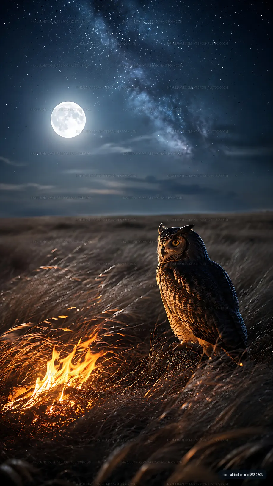 Owl near fire under full moon in a dark field