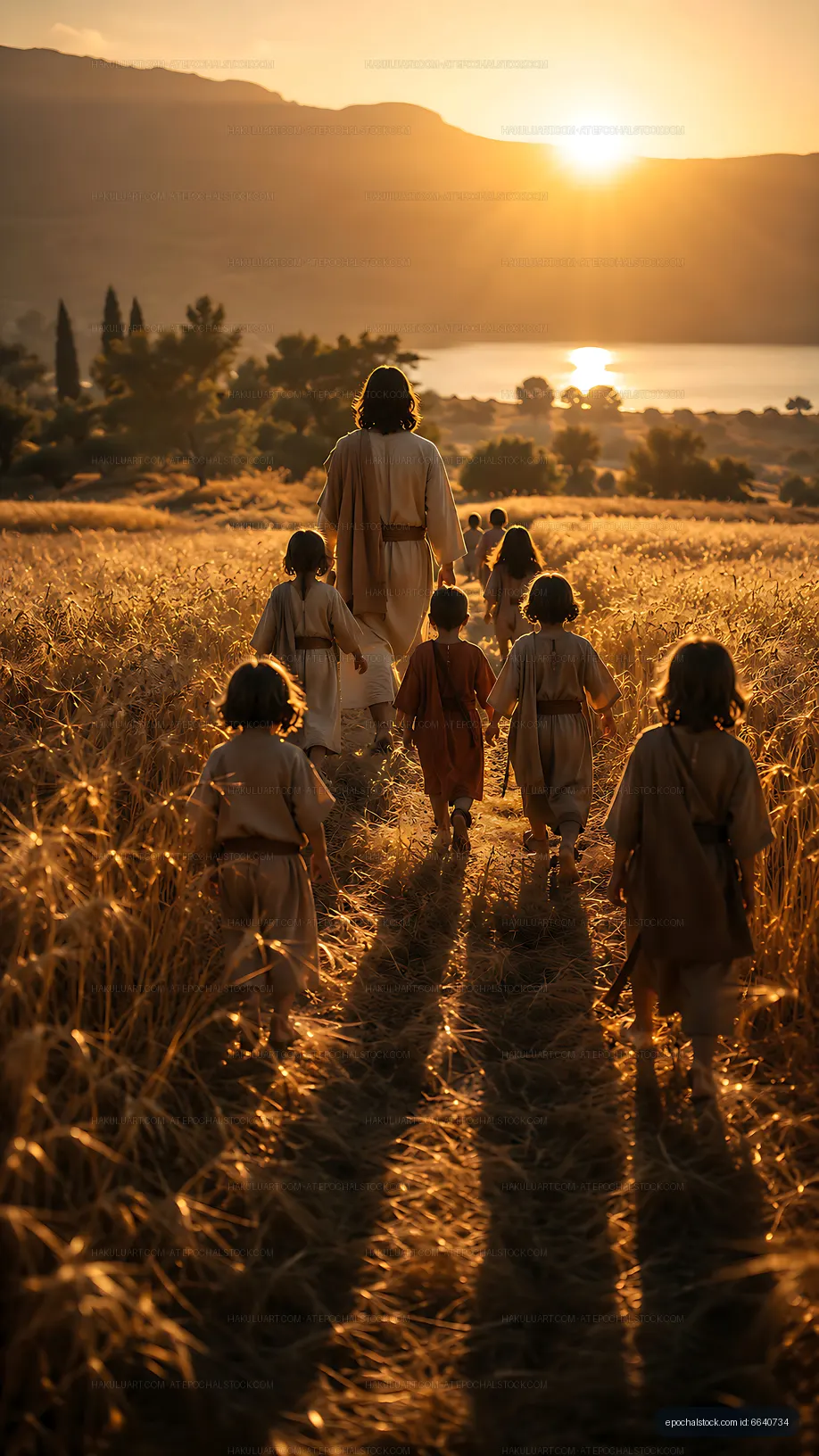 Children walking with a man at sunset near a river