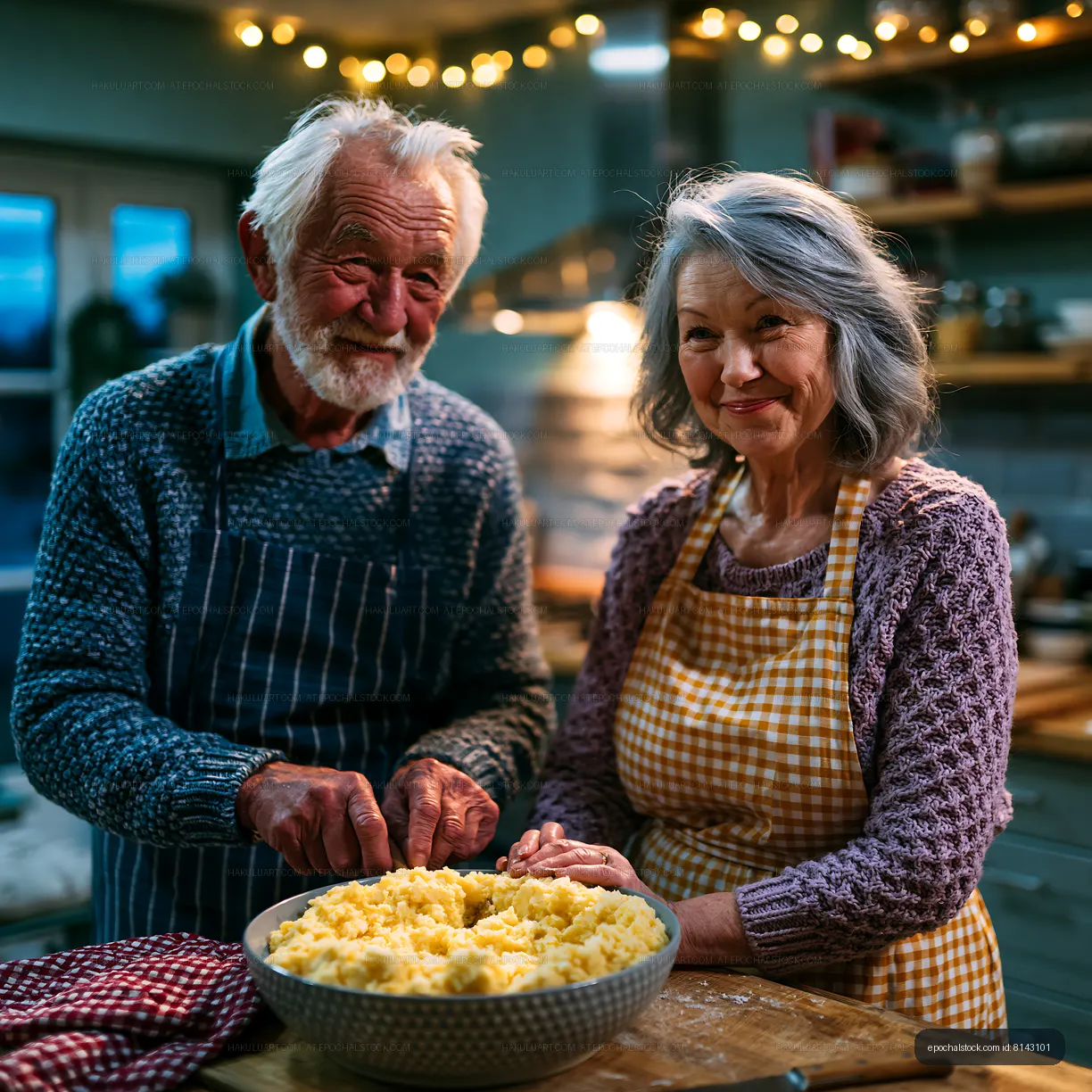 Elderly couple cooking together in a cozy kitchen