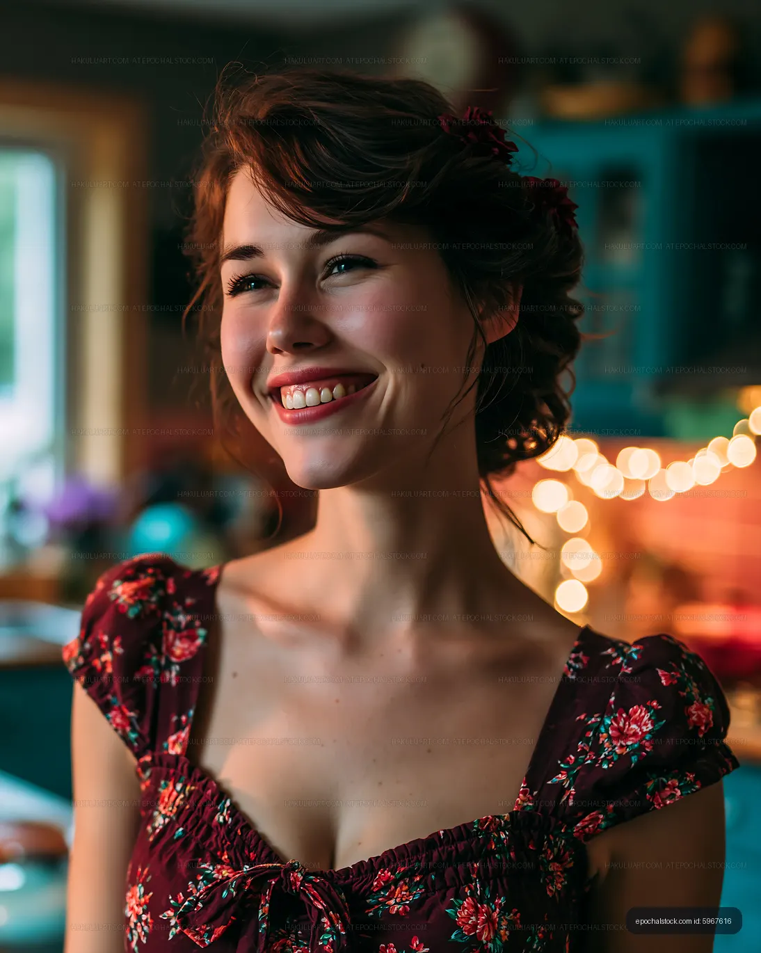 Smiling woman in floral dress in a cozy kitchen setting