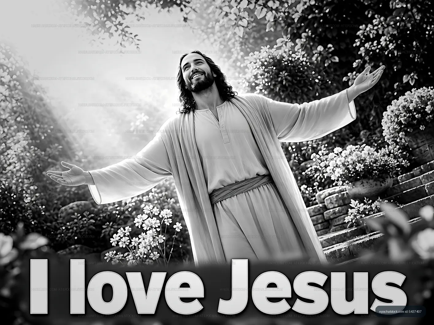 Jesus with open arms in a garden surrounded by nature