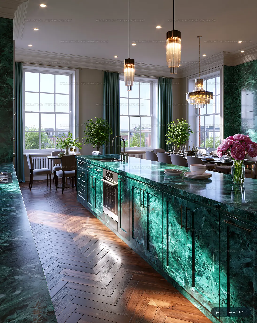 Modern kitchen design with green marble surfaces and natural light