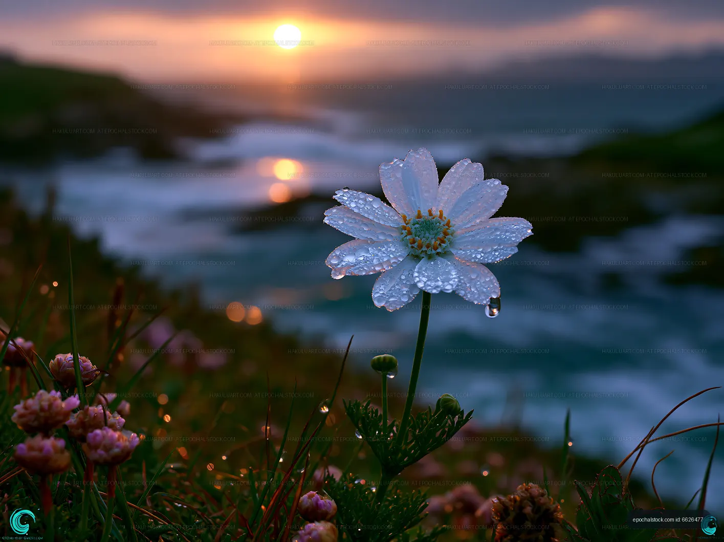 Close-up of a flower with droplets near the ocean during sunset