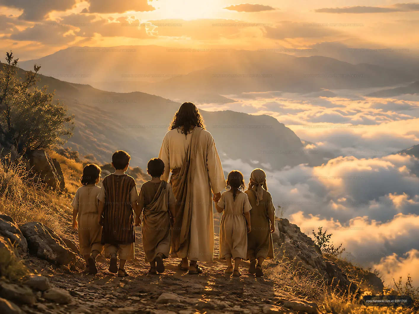 Children walking with an adult on a mountain path at sunset