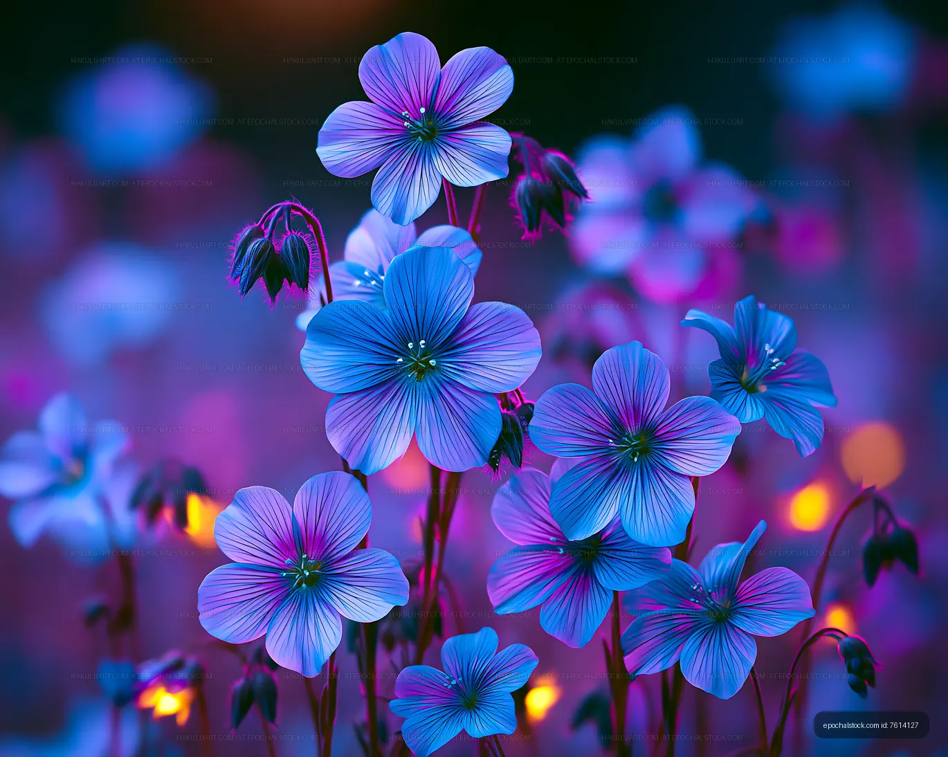 Colorful flowers under low light in a garden