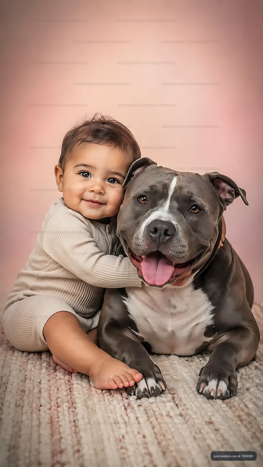 Child hugs dog with a smile in a warm indoor setting
