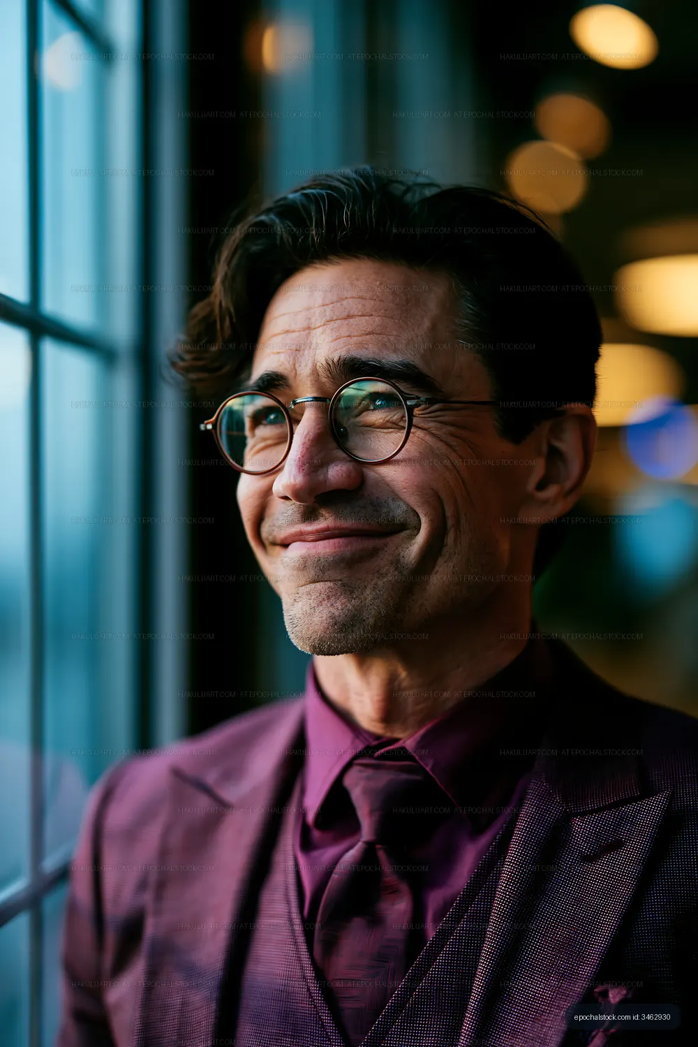 Man in glasses smiles while standing by a window