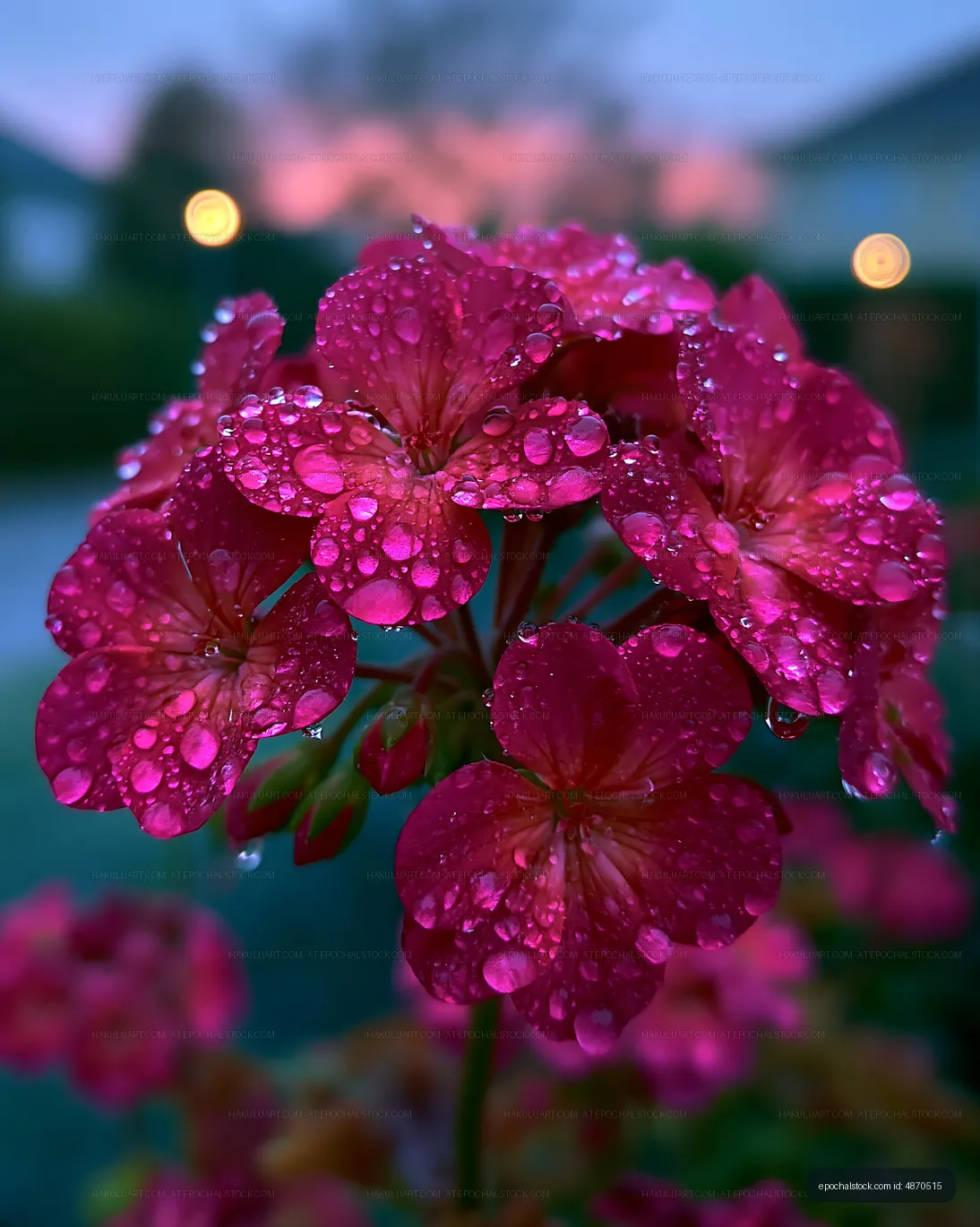Pink flowers covered in droplets after rain at dusk