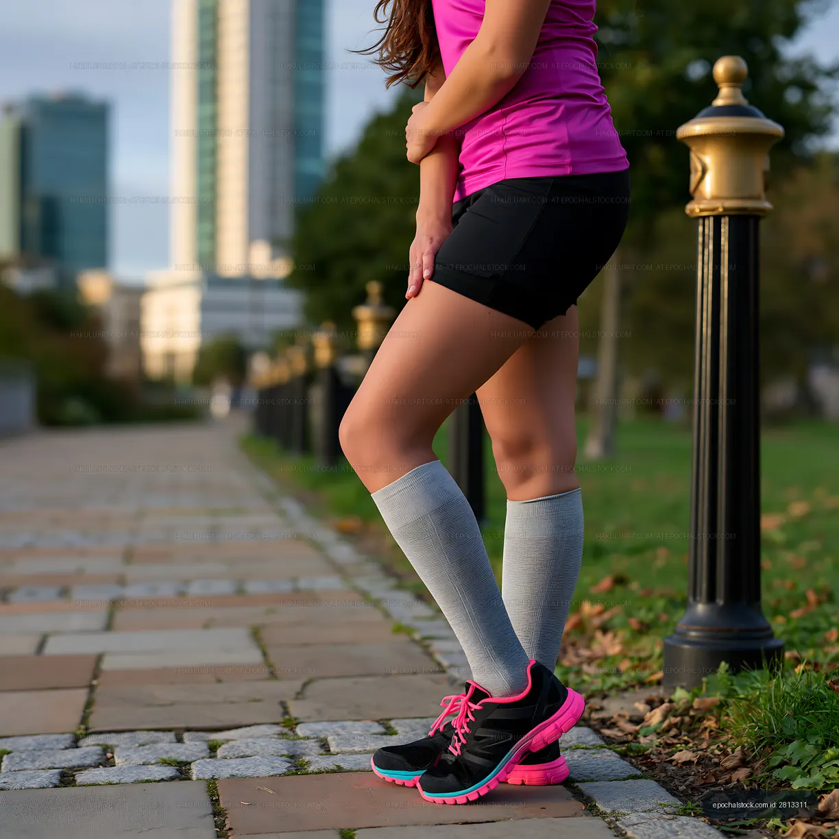Woman stretching on a city path during daylight