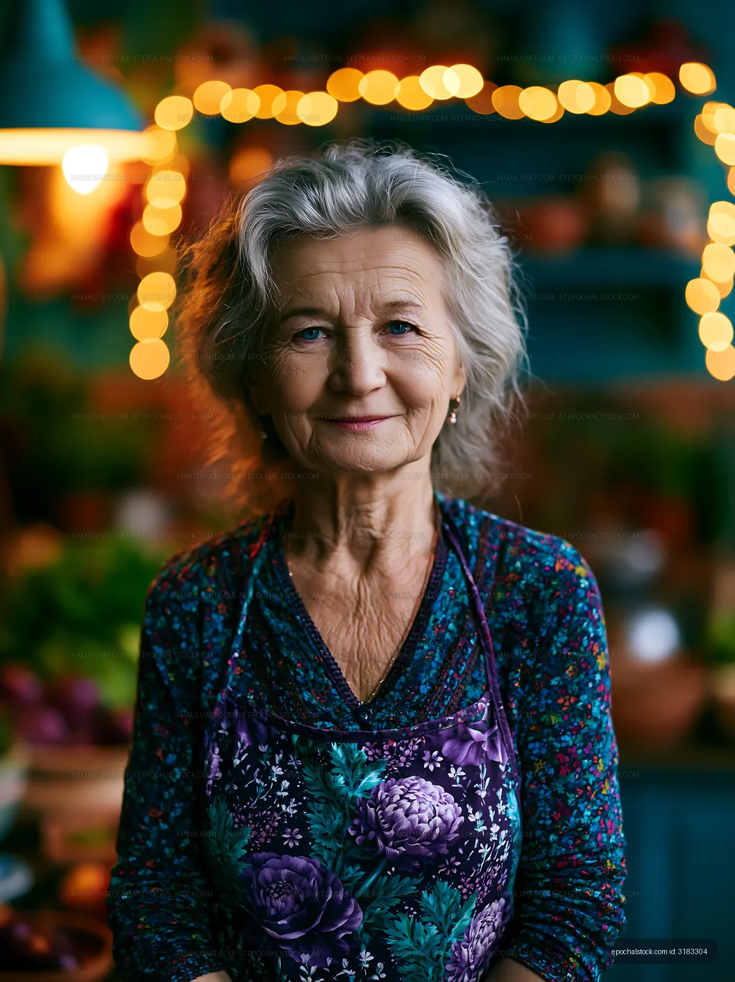 Elderly woman in apron smiles in kitchen with festive lights