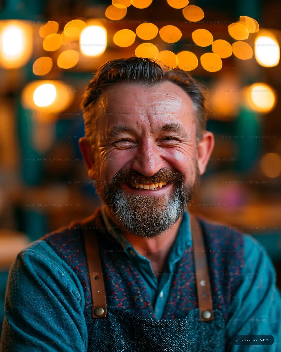 Smiling man in apron with lights in background at indoor cafe