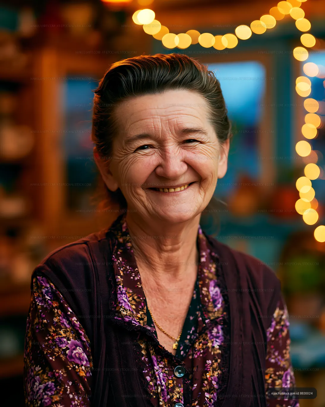 Smiling older woman in a cozy indoor setting