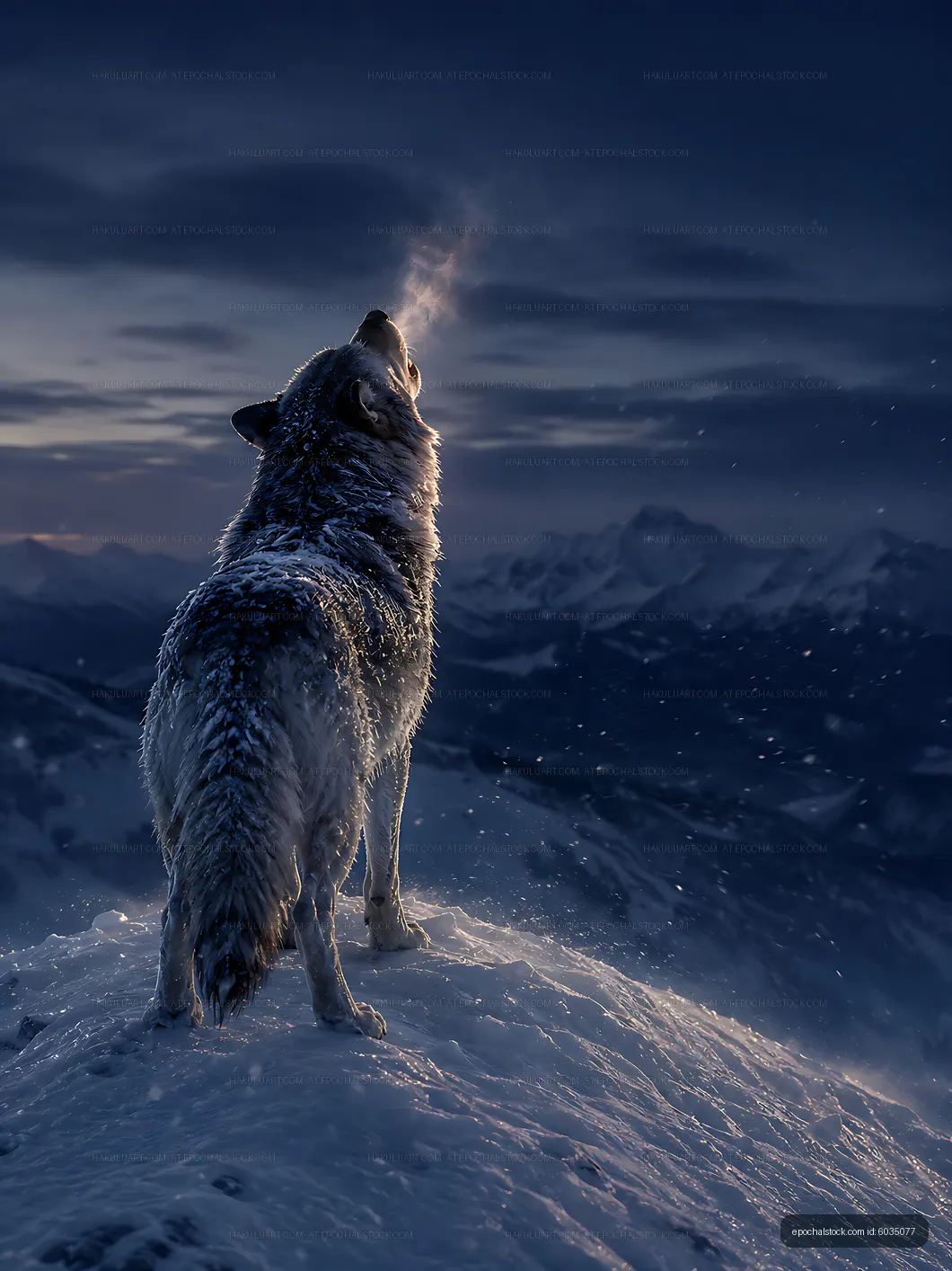 Wolf howling in the snowy mountains at dusk