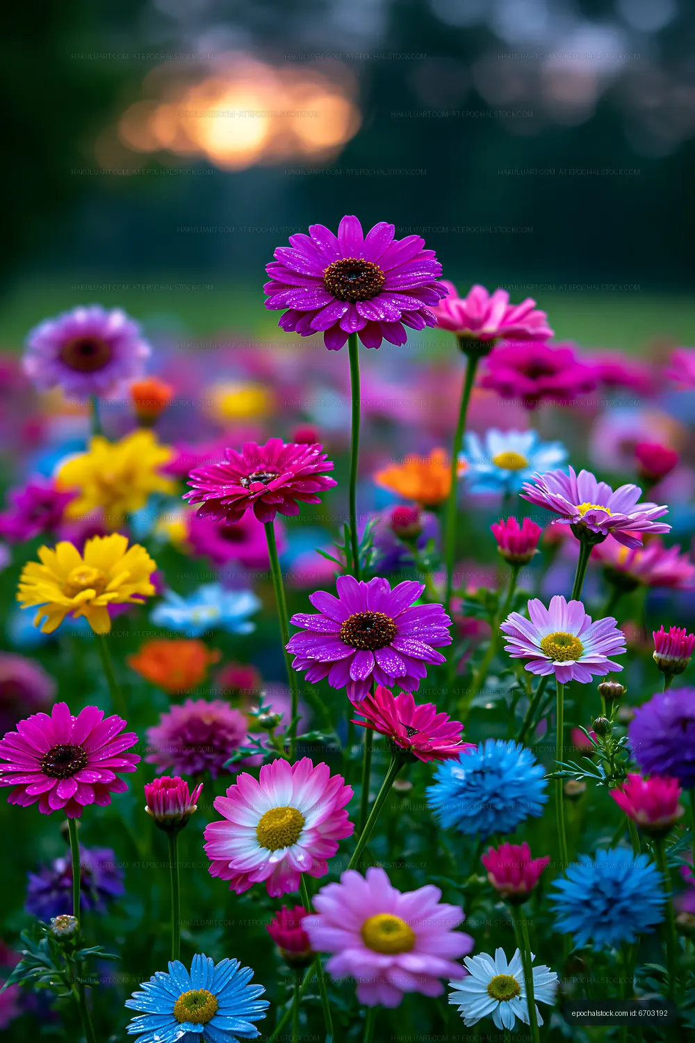 Colorful flowers bloom in a garden at sunset
