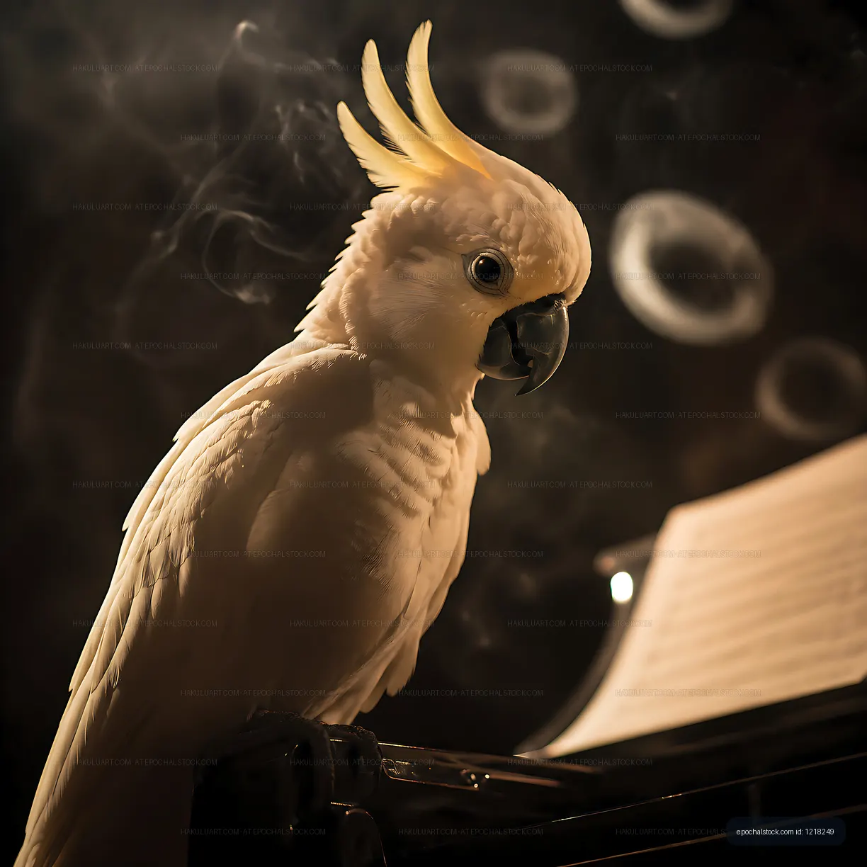 Cockatoo perched on piano with sheet music in dim light