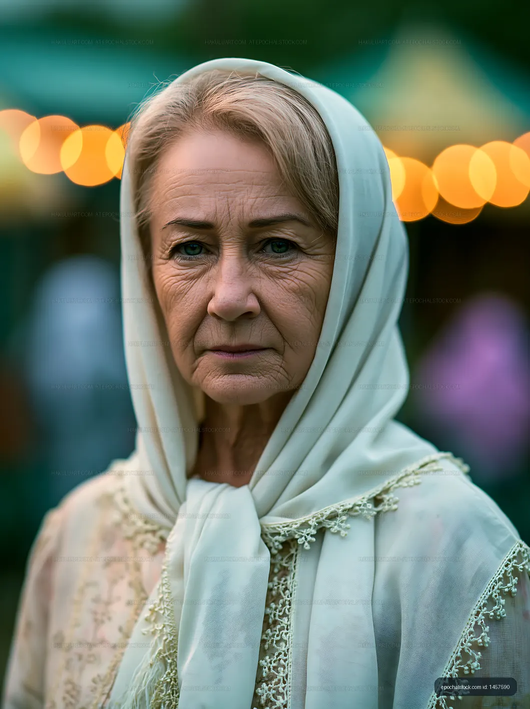 Older woman in headscarf at outdoor event with lights in background