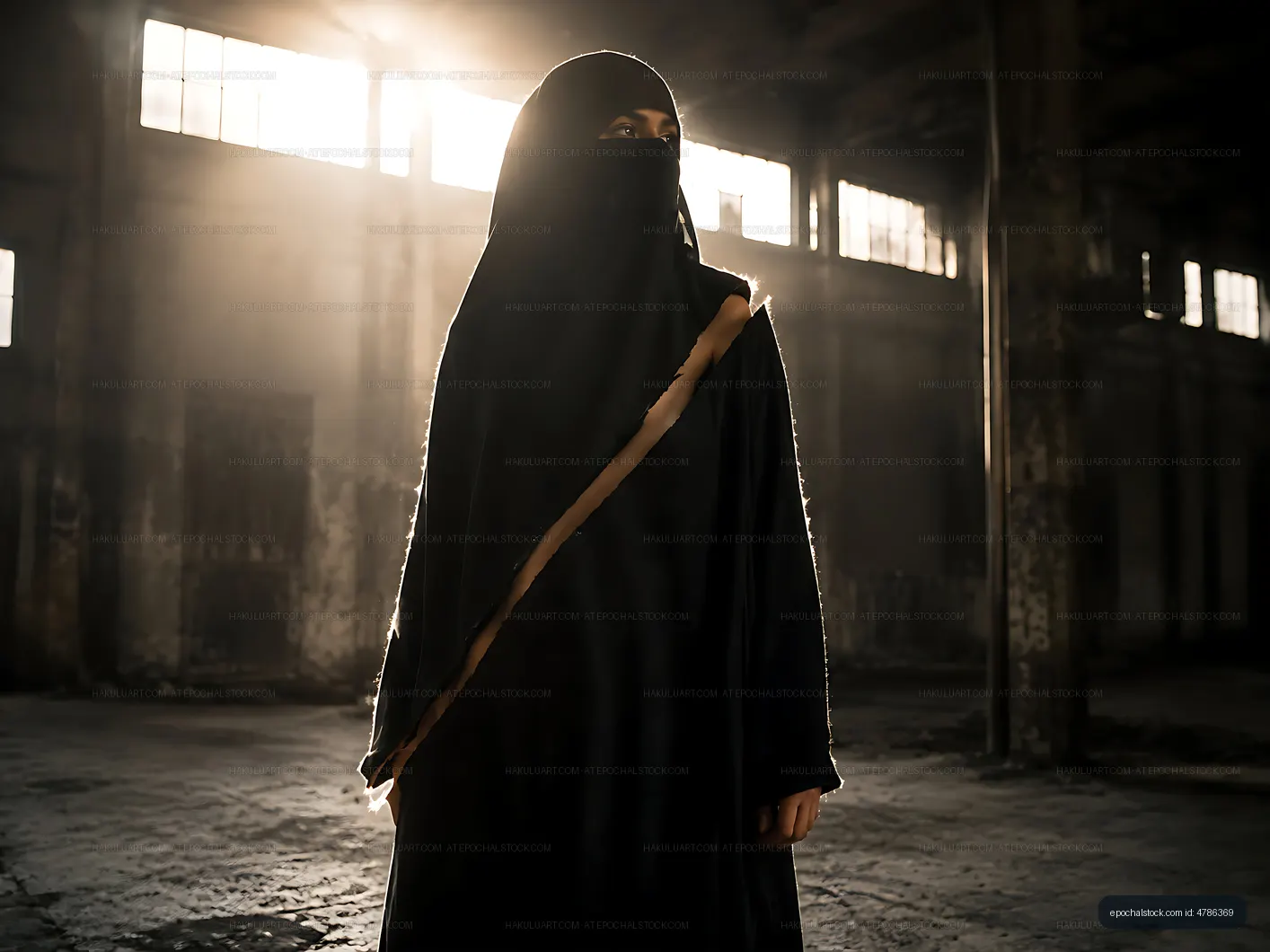 Woman in black clothing stands in an abandoned warehouse