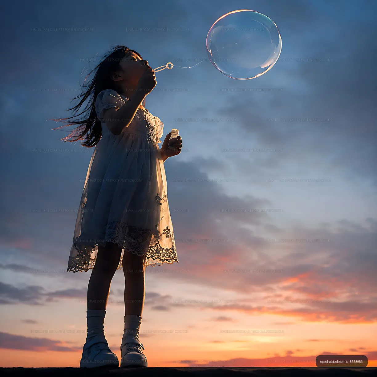Child blowing bubbles at sunset with a cloudy sky