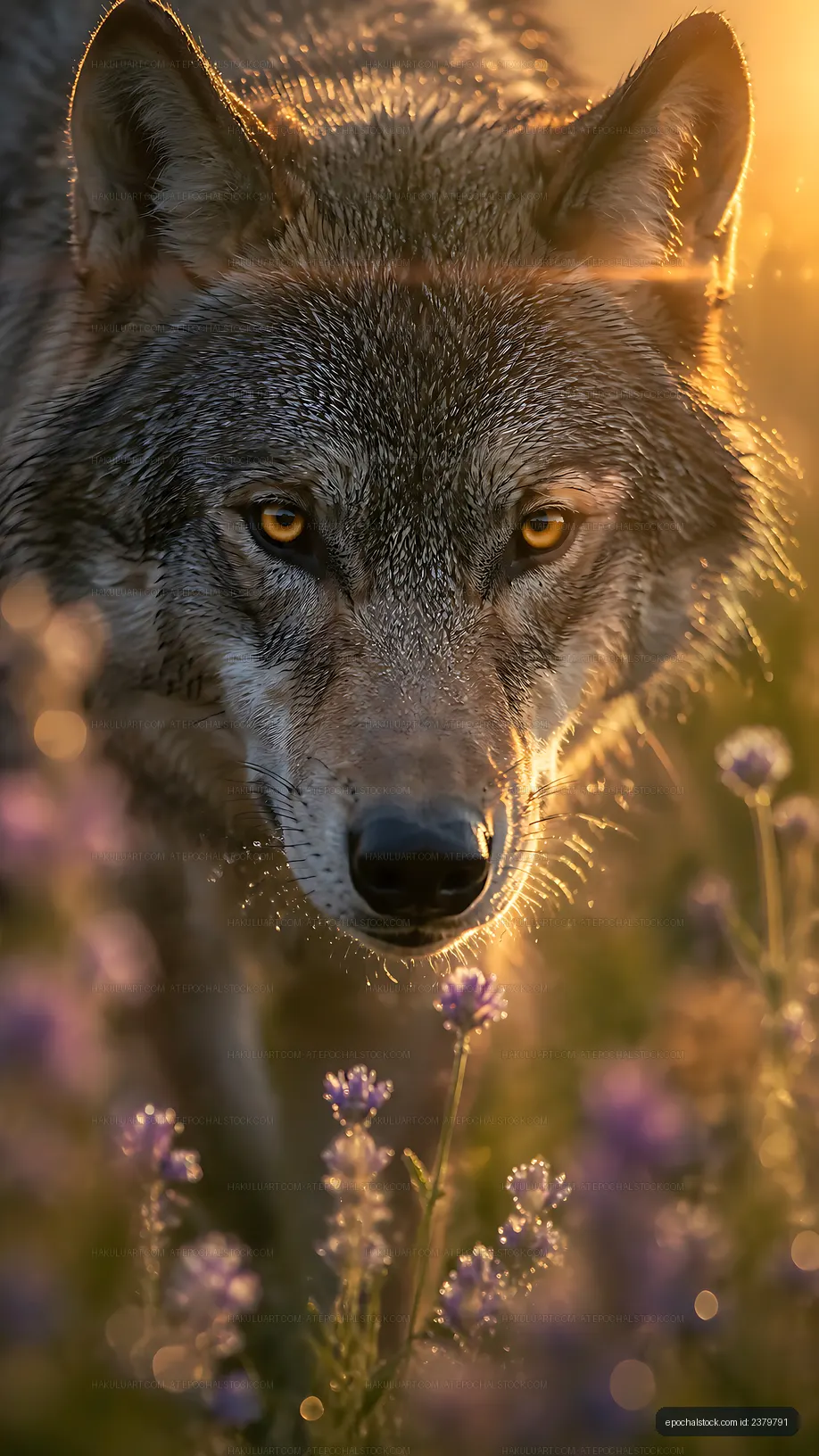 Wolf walking through wildflowers at sunset