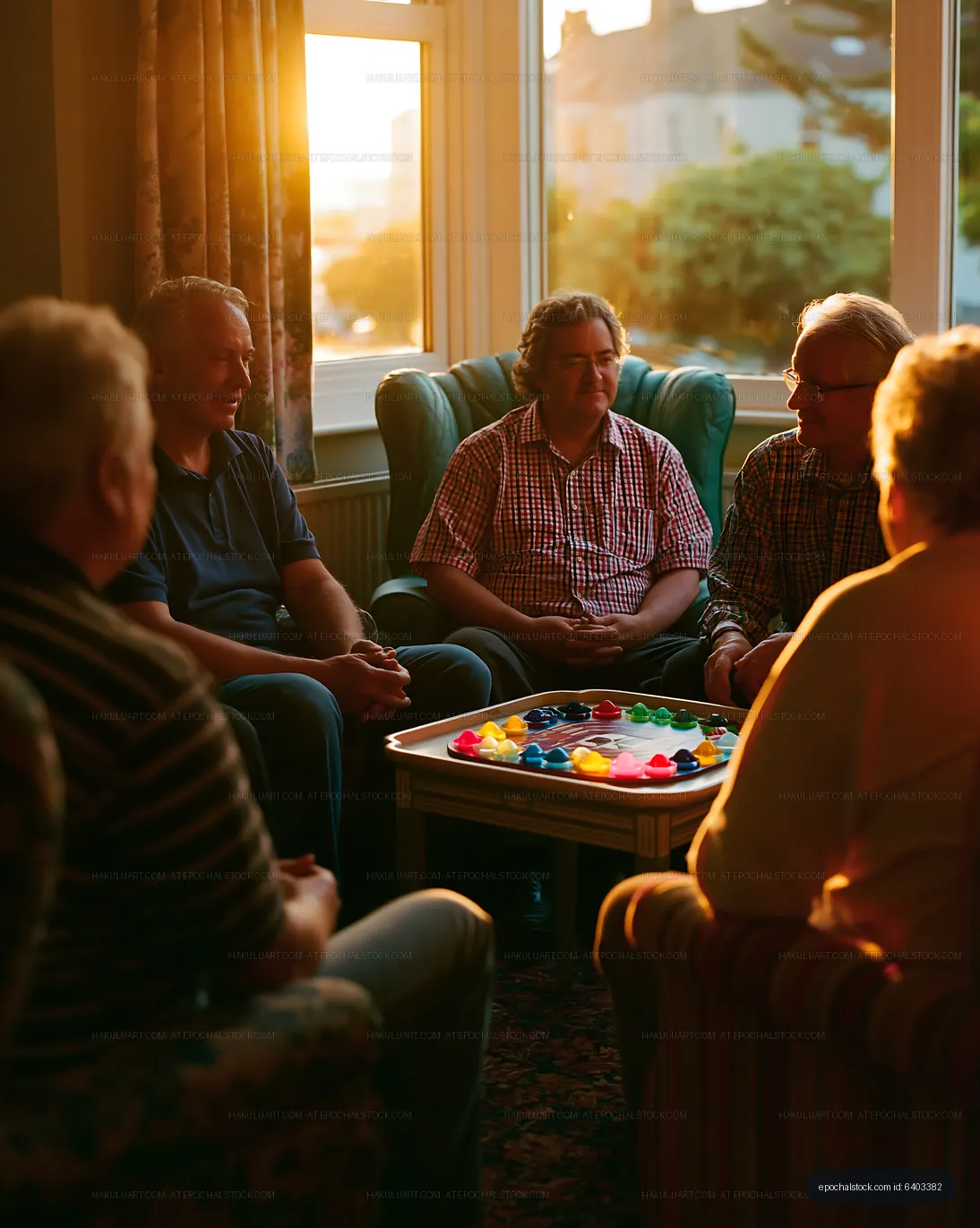 Group of friends playing board games at sunset indoors
