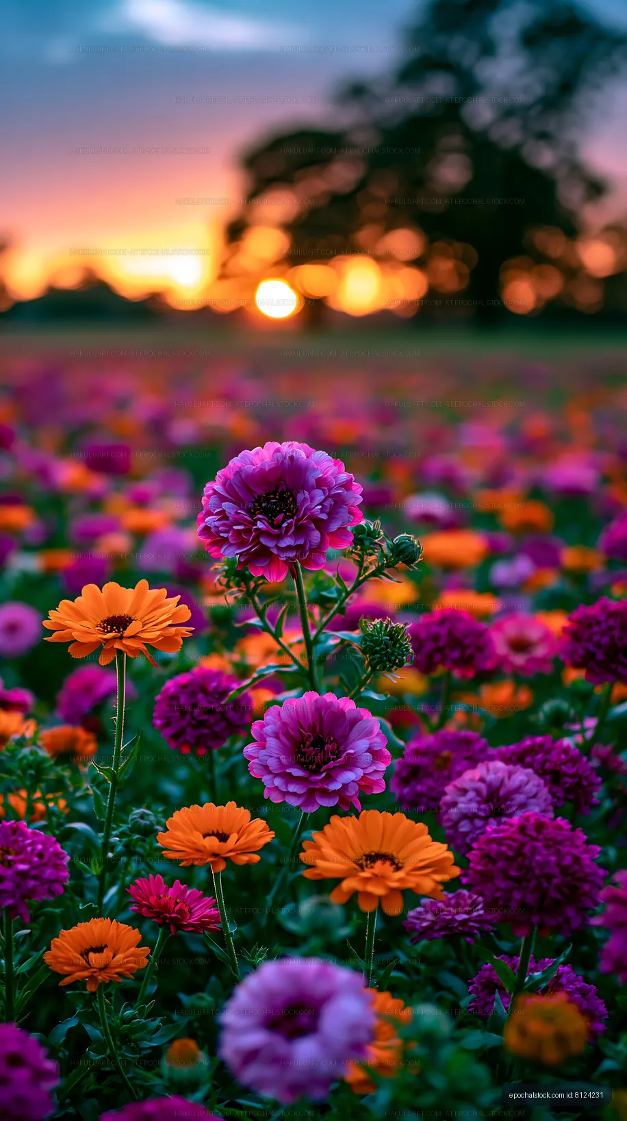 Colorful flowers in a field at sunset