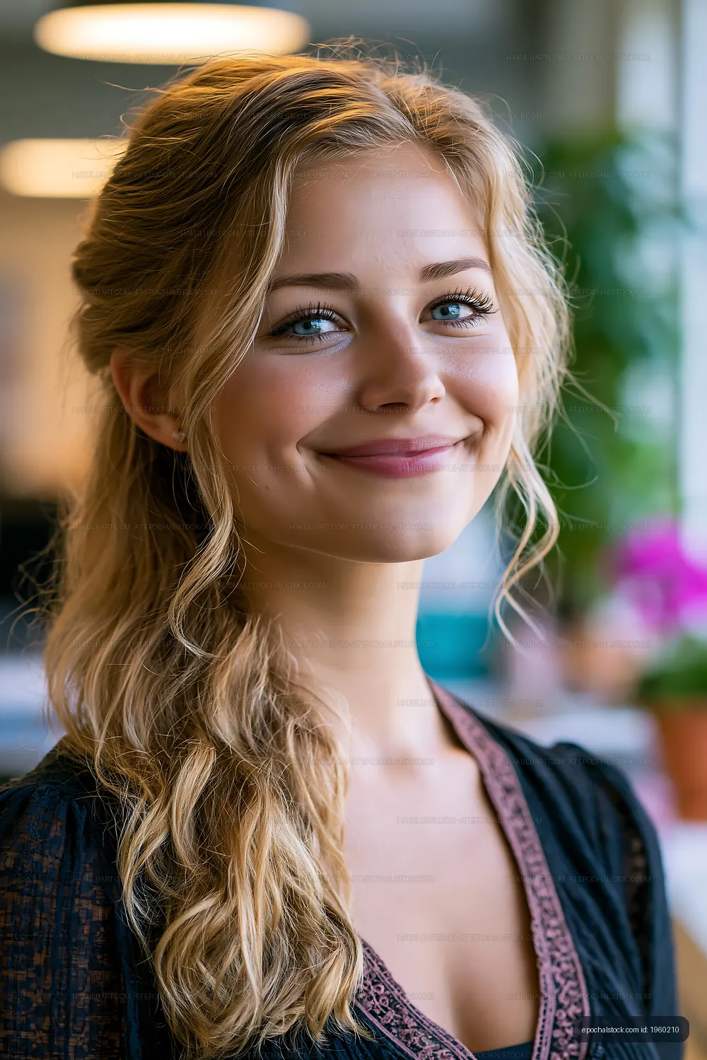 Young woman smiles in a bright office setting
