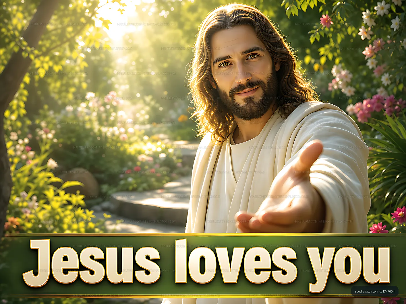 Jesus extends his hand with a message of love in a garden