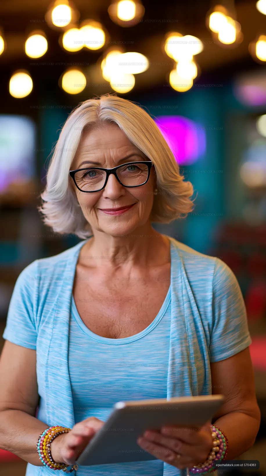 Older woman using a tablet in a bright indoor cafe