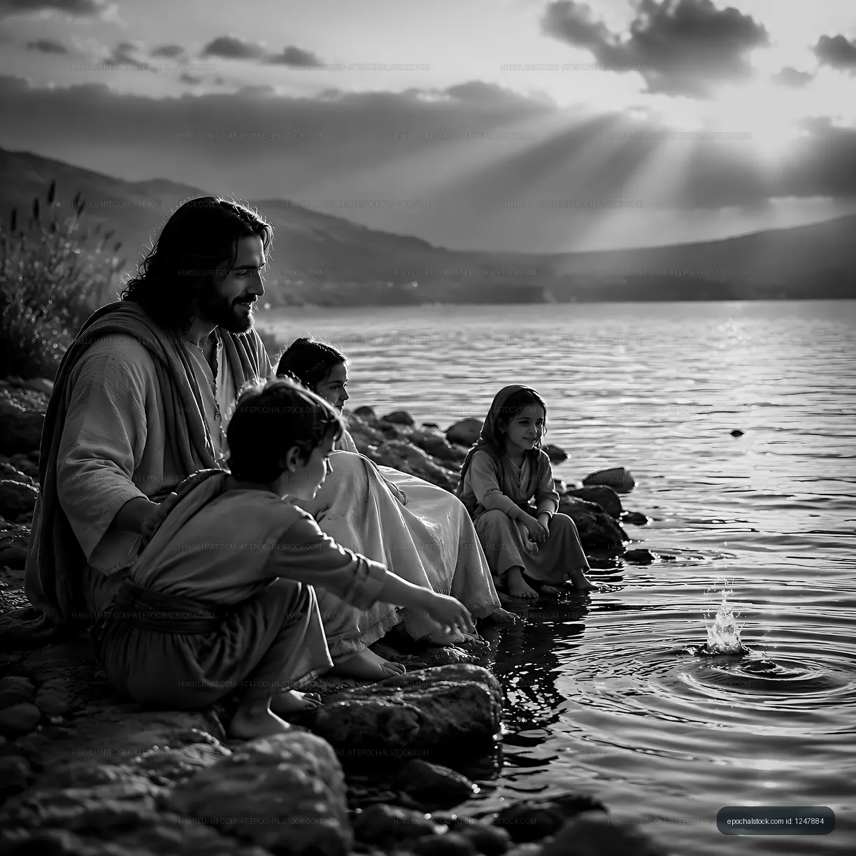 Family by the water during sunset near a lake
