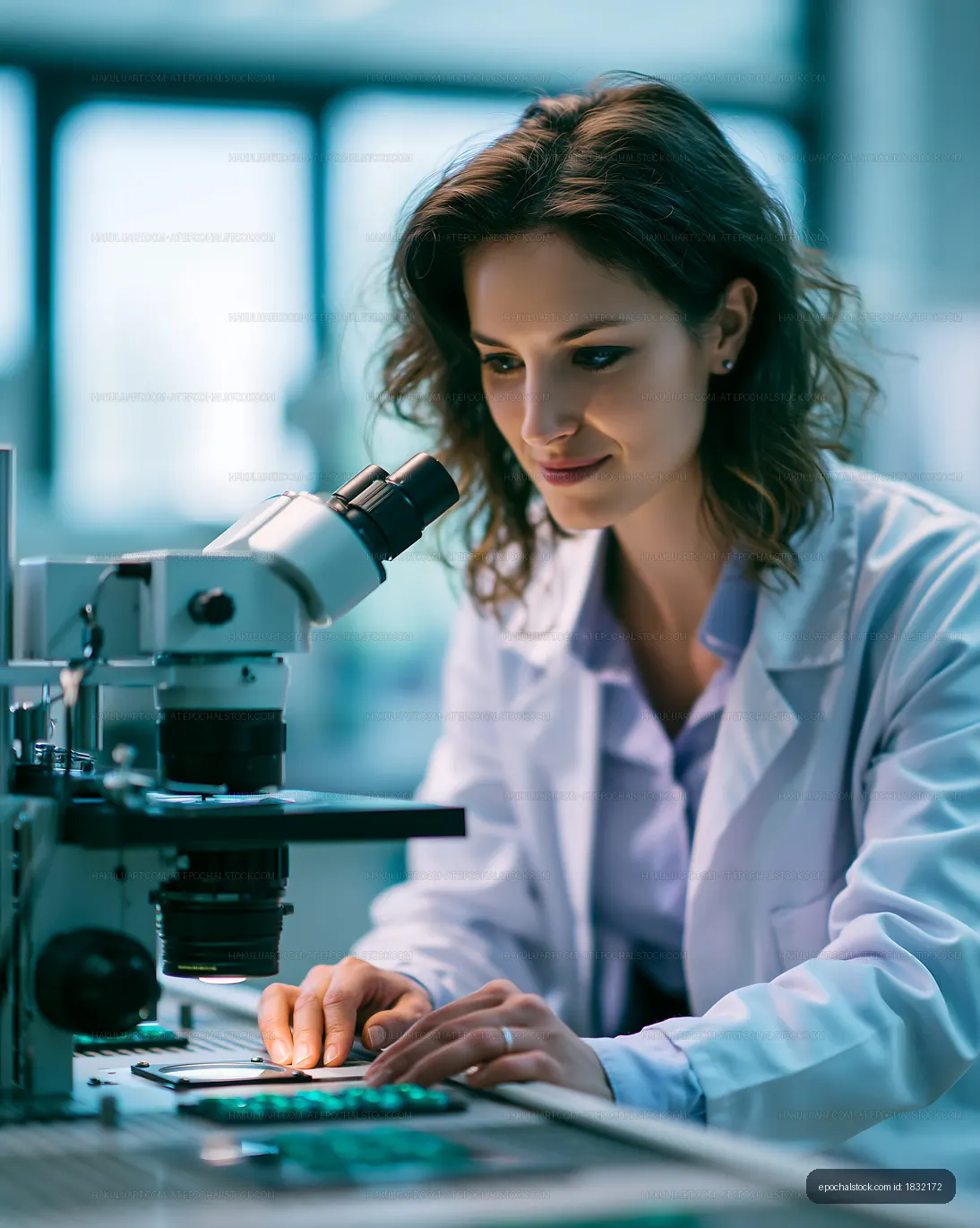 Scientist examining samples with microscope in laboratory