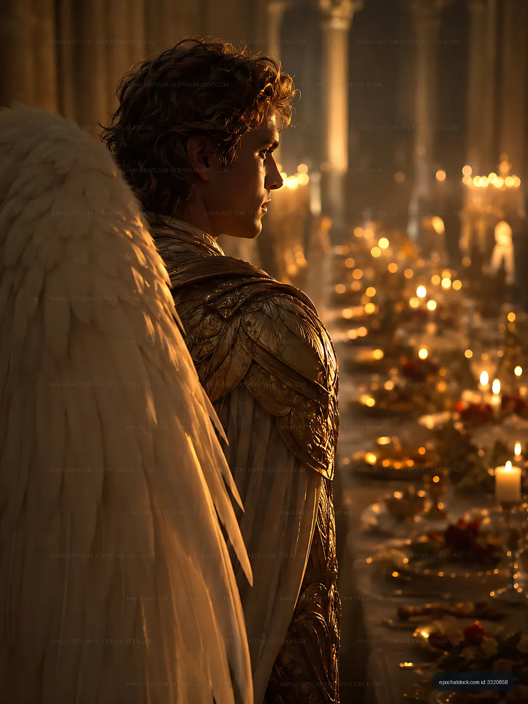 Angel standing in a grand hall during a candlelit dinner