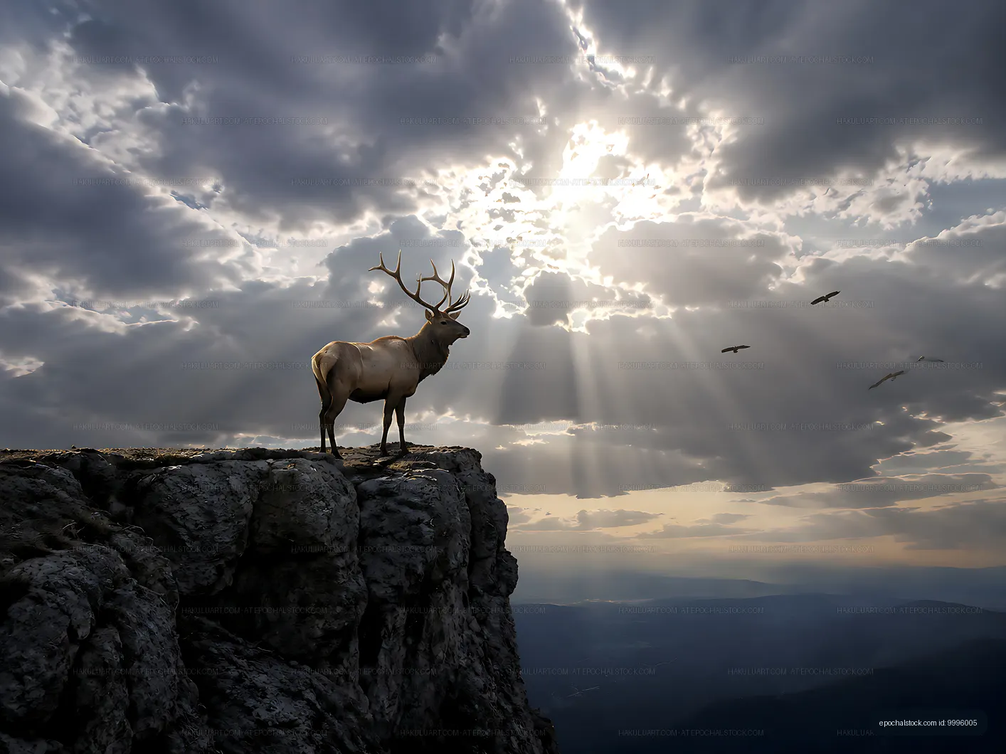 Stag standing on cliff with dramatic clouds and sunlight
