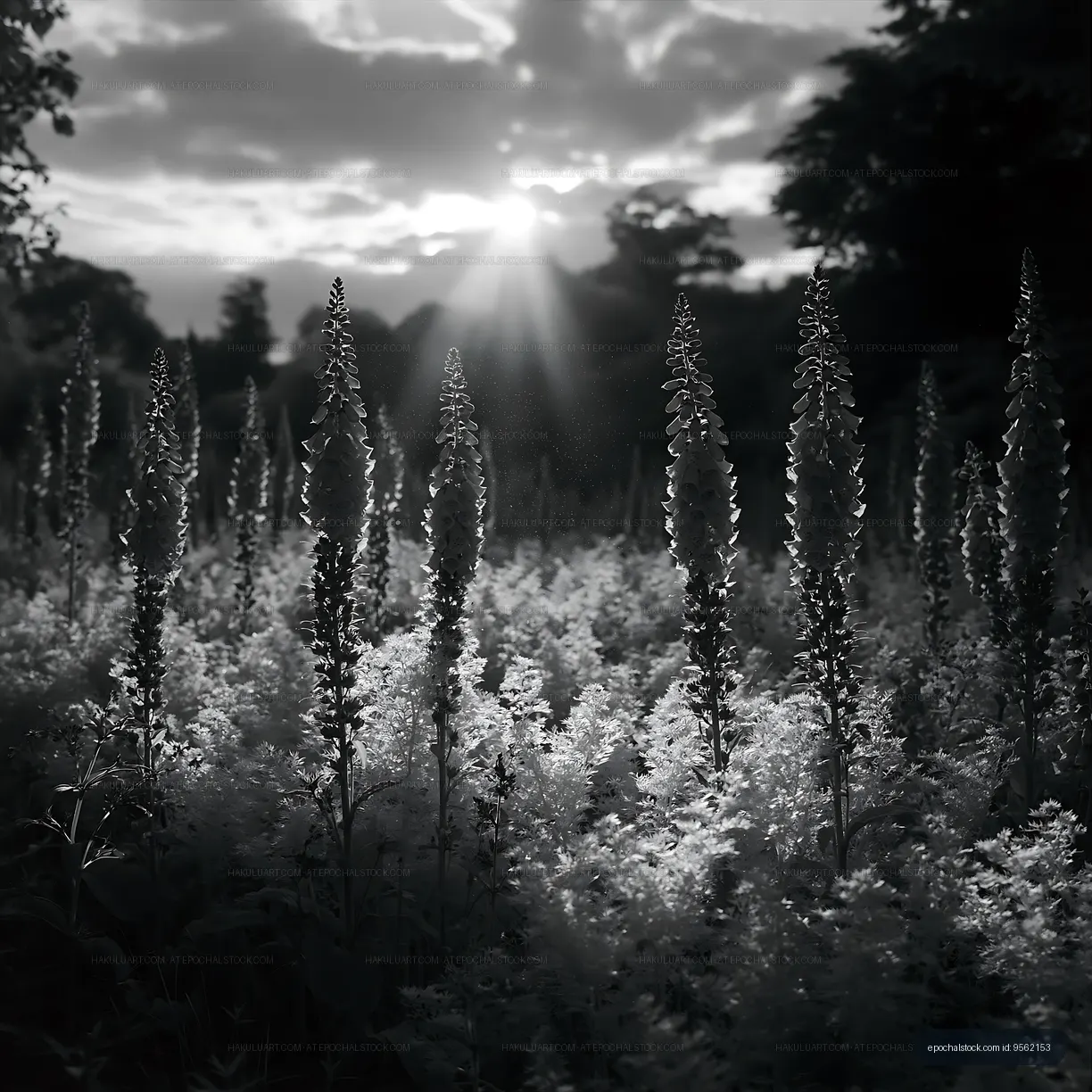 Flowers in a field during sunrise with a cloudy sky