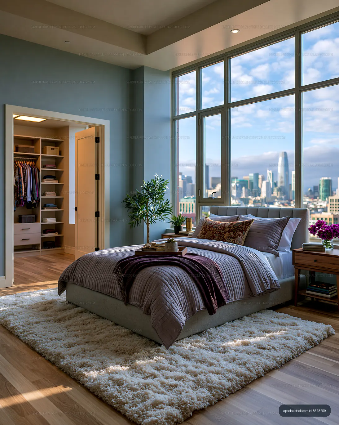 Modern bedroom with city view and natural light