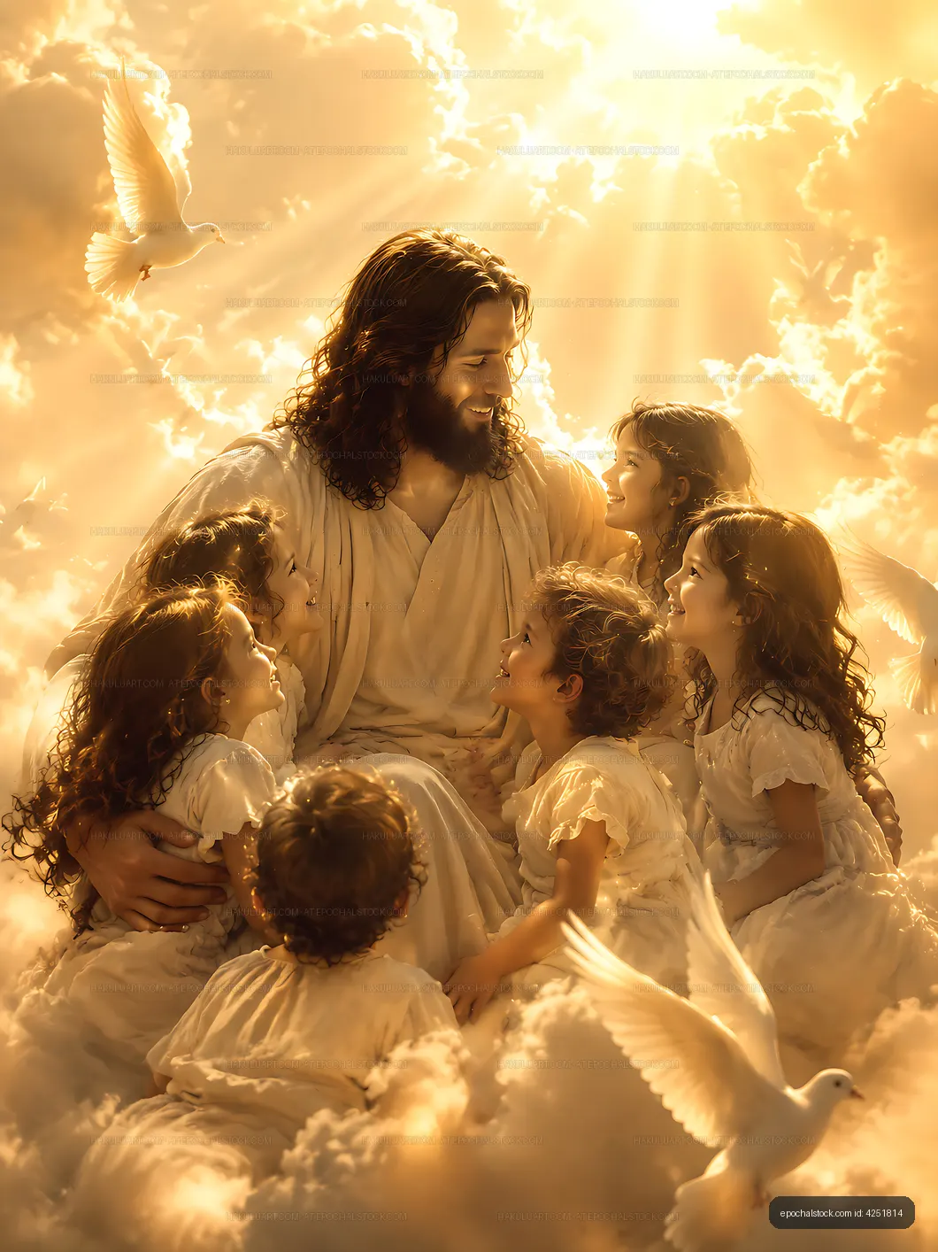 Jesus surrounded by children in clouds