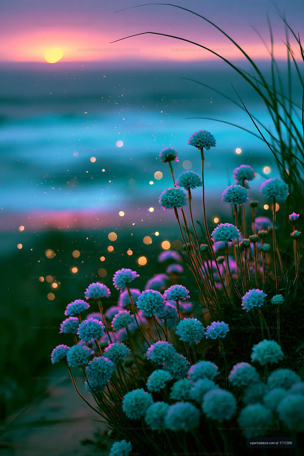 Flowers by the shore at sunset with soft waves in the background