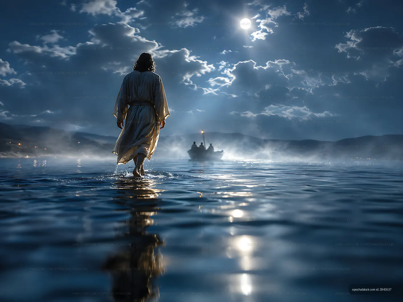 Person walking on water at night with boat in the background
